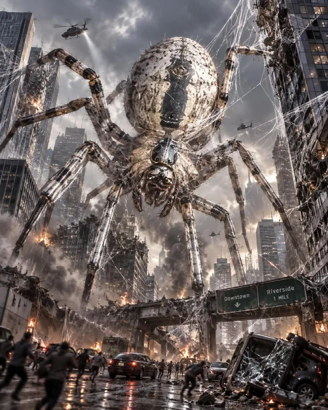 KI generiertes Bild mit Chat GPT Monster Spinne in der Stadt