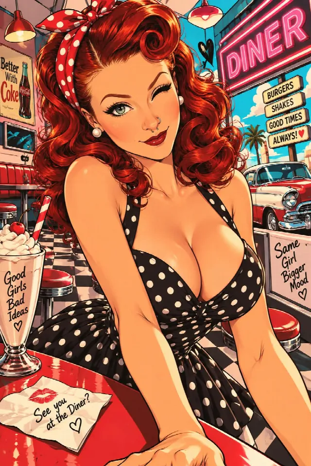 Pinup Woman Girl Dinner Burger Shakes